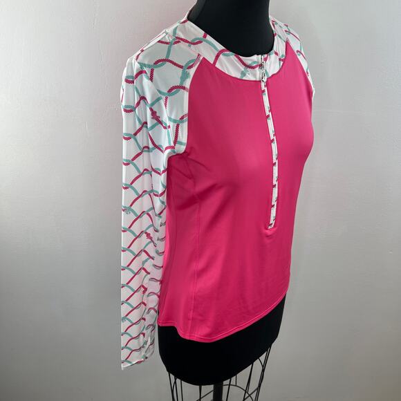 SANSOLEIL SolCool Pink White Long Sleeve Partial Zip Mock Neck Stretch Top Sz S - Picture 5 of 8